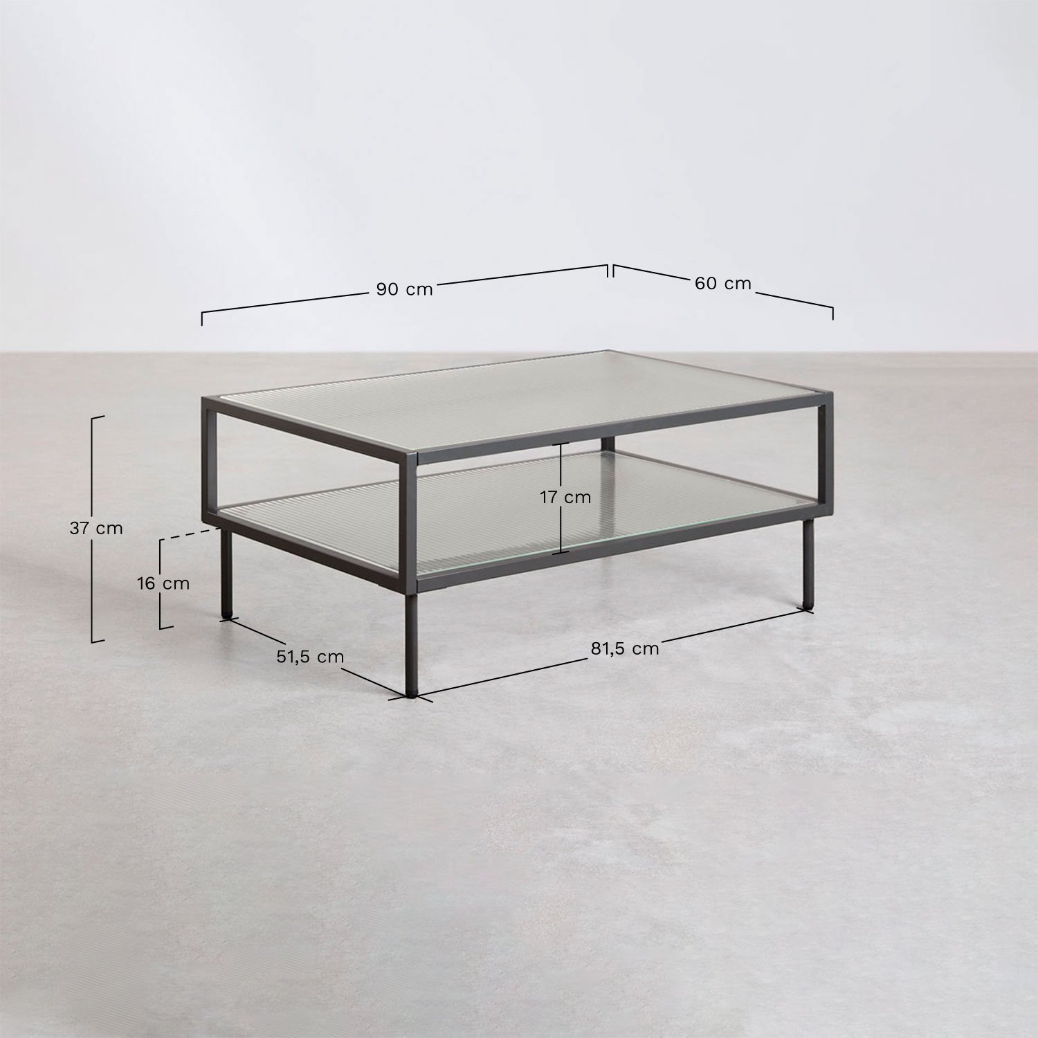 Paoline rectangular coffee table in steel and glass, MEASURES
