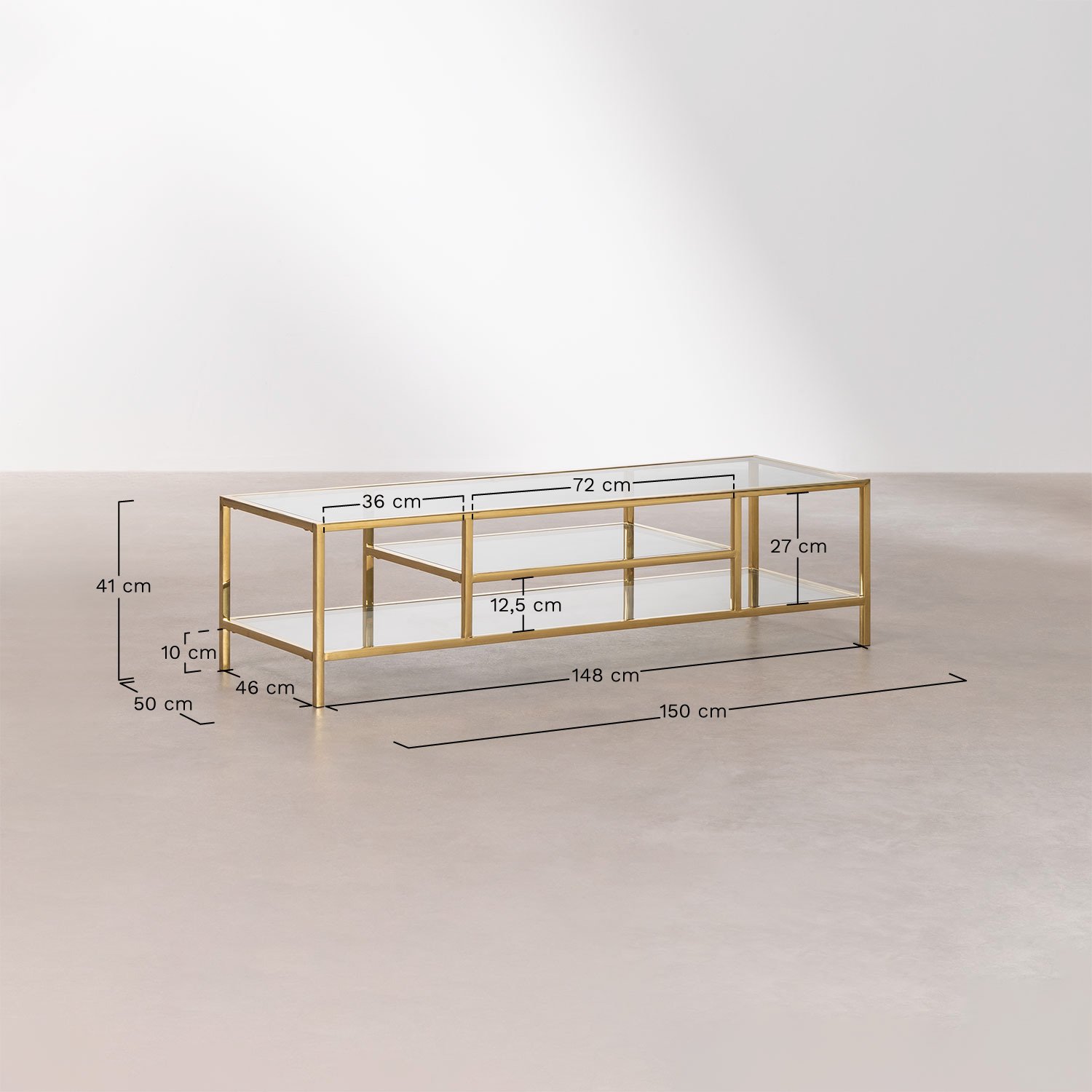 Amelia 150x50 cm TV cabinet in glass and steel, MEASURES