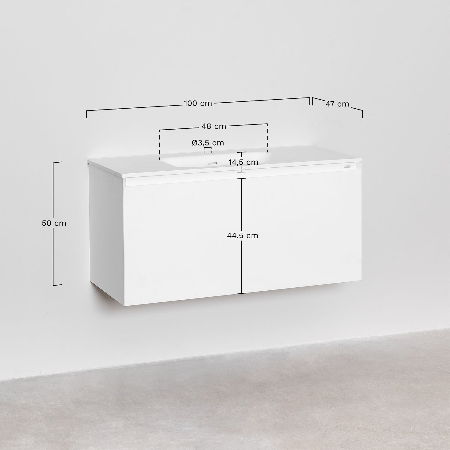 Macrae wooden bathroom furniture set with integrated sink, MEASURES