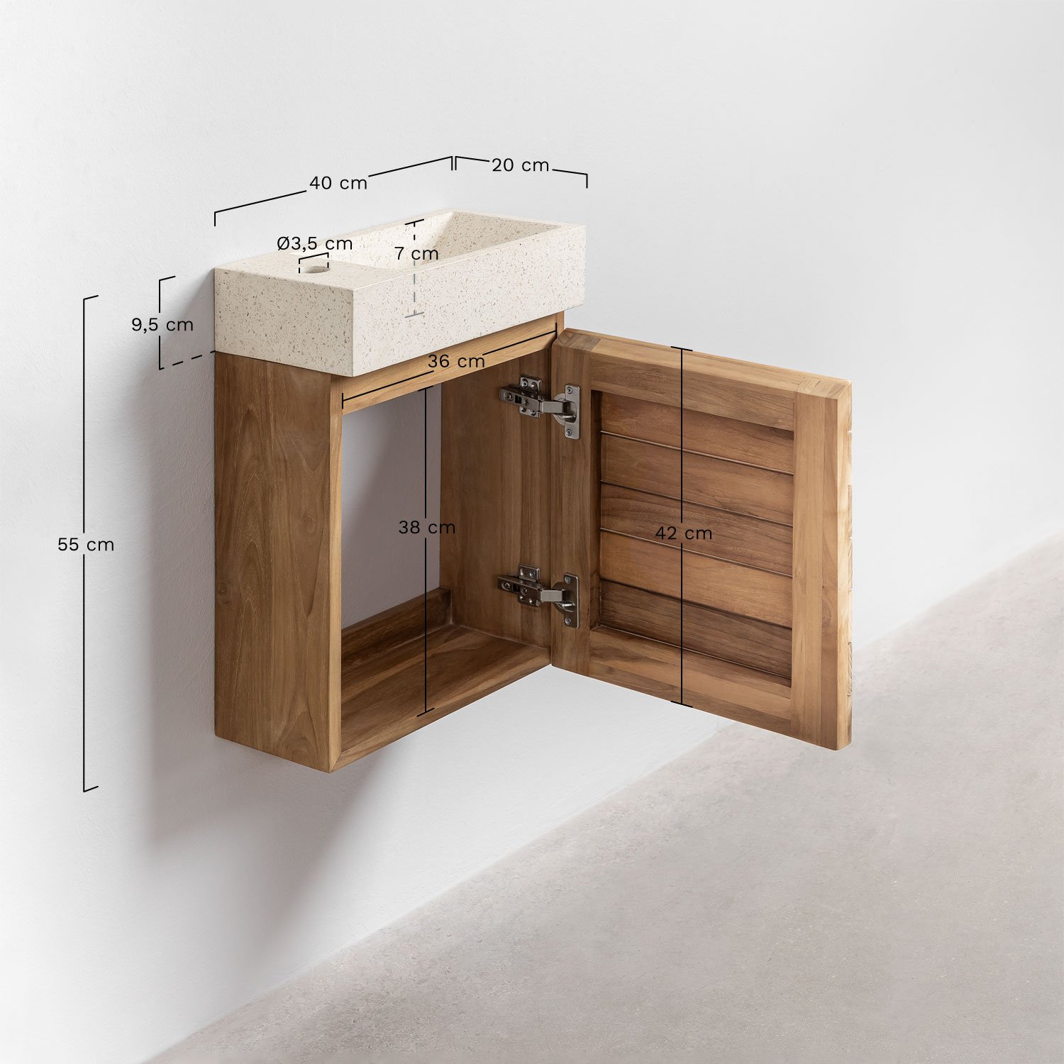 Bathroom furniture set in teak wood with integrated Napier cement washbasin, MEASURES