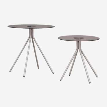 Set Of 2 Round Side Tables In Stainless Steel And Tempered Glass Itsoro Grey Steel - Sklum
