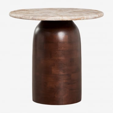 Alliser Ø40 Cm Bedside Table Brown Dark Brown Wood & Beige Panther Marble - Sklum