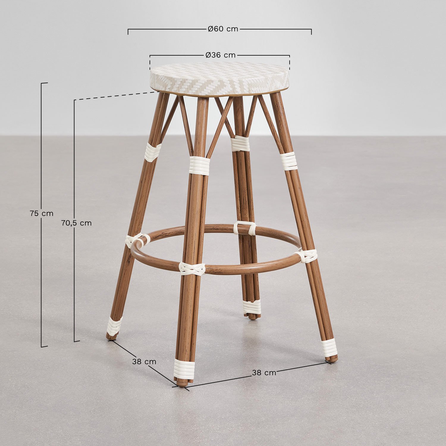 Brielle Bistro high stool in aluminum and synthetic rattan, MEASURES