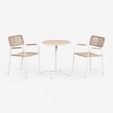 Round Garden Table Set Ø65 Cm And 2 Stackable Garden Chairs In Steel And Acacia Wood Tilda Gardenia White - Sklum