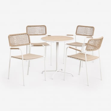 Round Garden Table Set Ø65 Cm And 4 Stackable Garden Chairs In Steel And Acacia Wood Tilda Gardenia White - Sklum