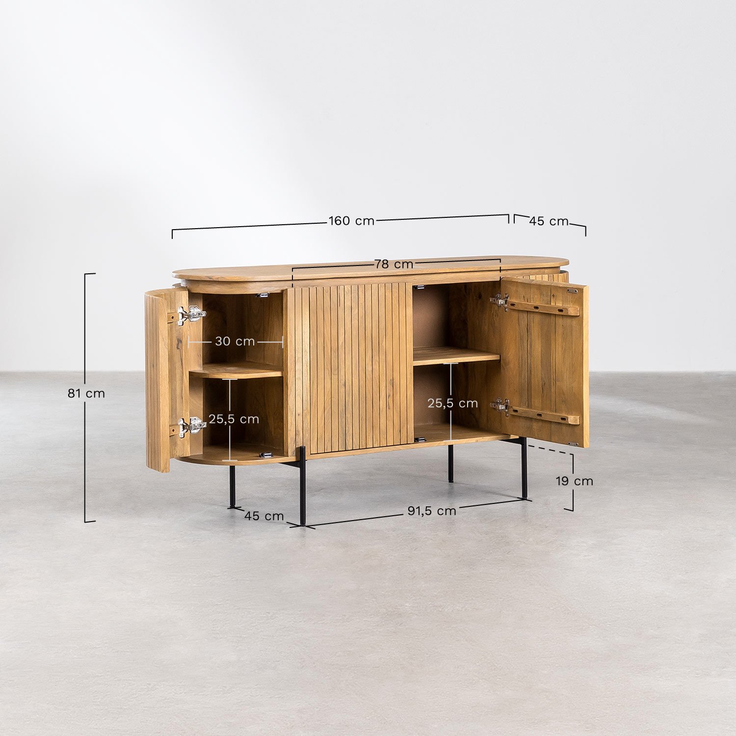 160x45 cm sideboard in mango wood Analis, MEASURES