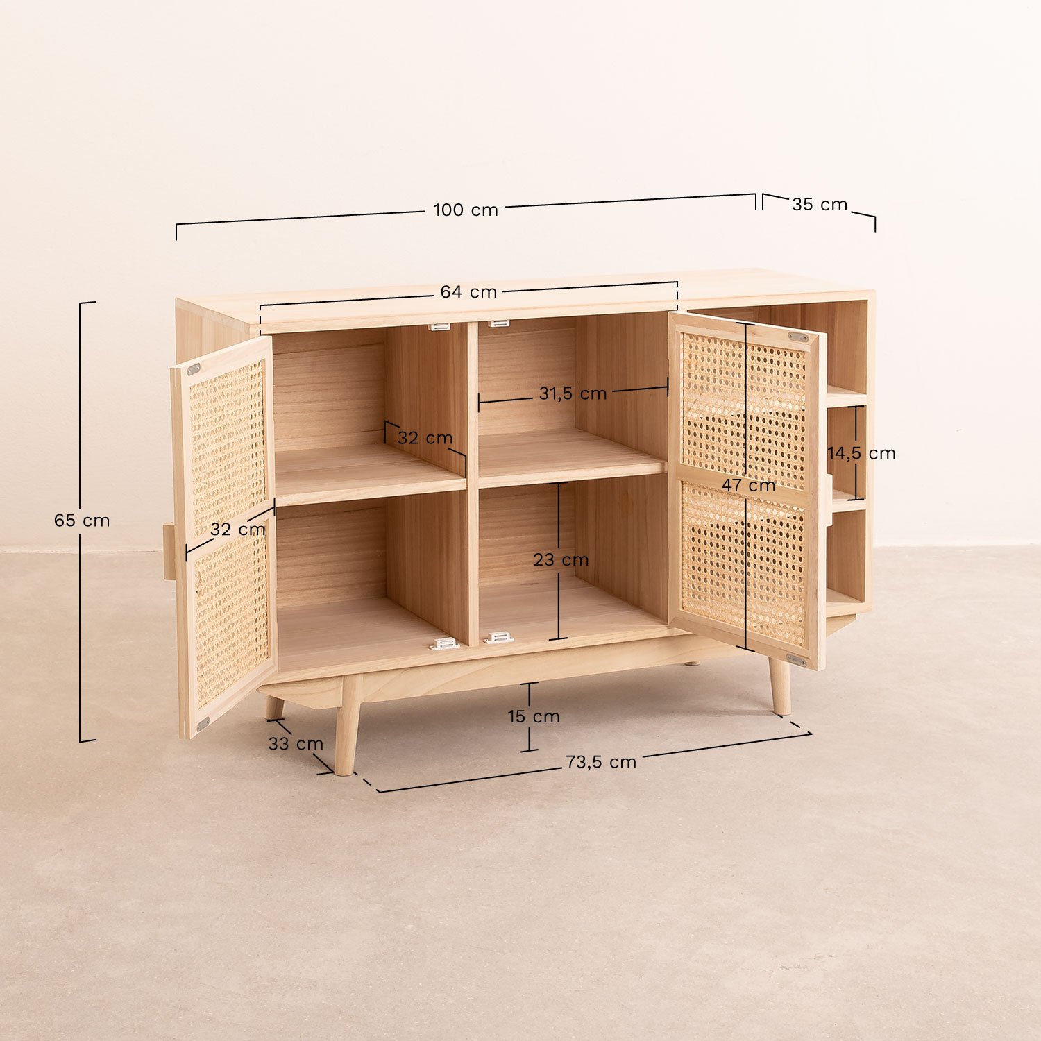 Ralik sideboard 100x40 cm in wood with 2 shelves, MEASURES