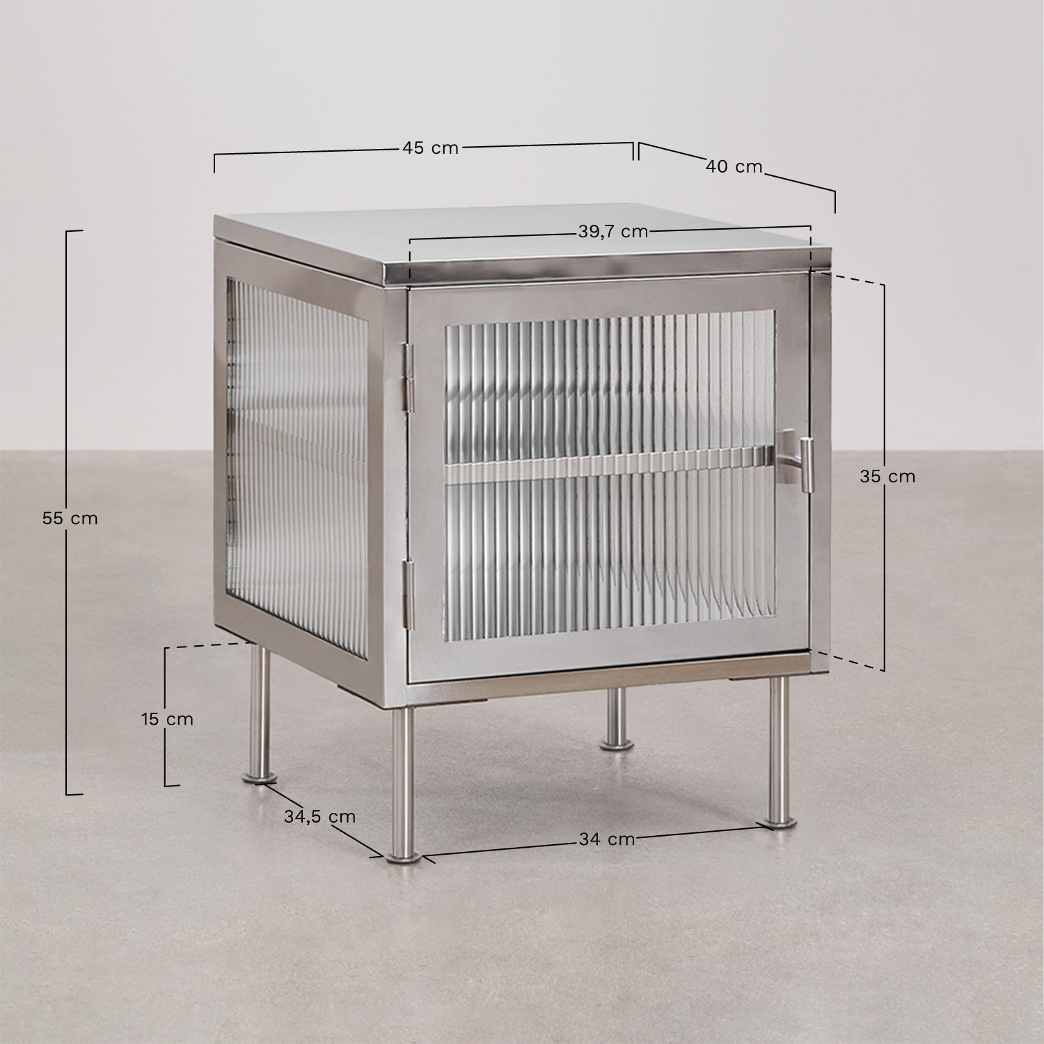 Rectangular bedside table 45x40 cm in steel and glass Paoline, MEASURES