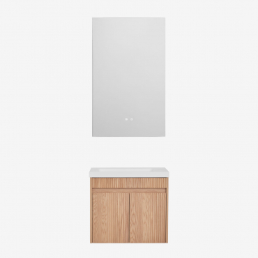 Suspended Wooden Bathroom Furniture Set With Integrated Sink Narek Brown Ash & Rectangular Led And Antifog 55x90 Cm Riben & Without Tap & - Sklum