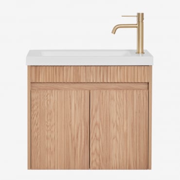 Suspended Wooden Bathroom Furniture Set With Integrated Sink Narek Brown Ash & Mirrorless & Brushed Gold ↑20 Cm With Drain Valve - Sklum