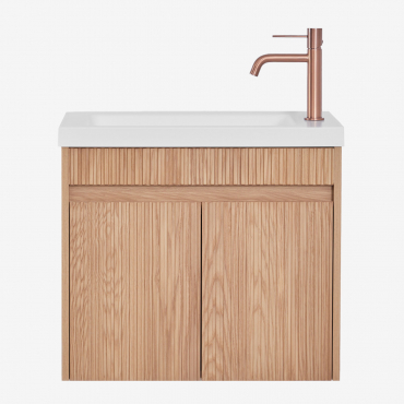 Suspended Wooden Bathroom Furniture Set With Integrated Sink Narek Brown Ash & Mirrorless & Brushed Rose Gold ↑20 Cm With Orveta Drain - Sklum