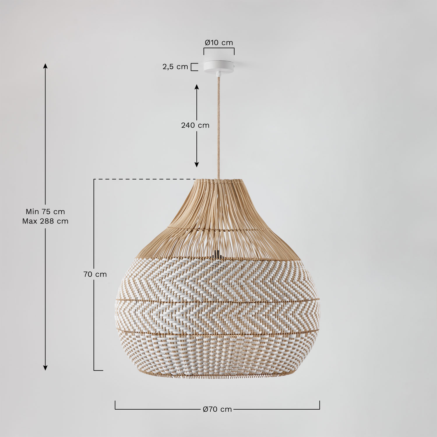 Hanging ceiling lamp in braided rattan Llaury, MEASURES