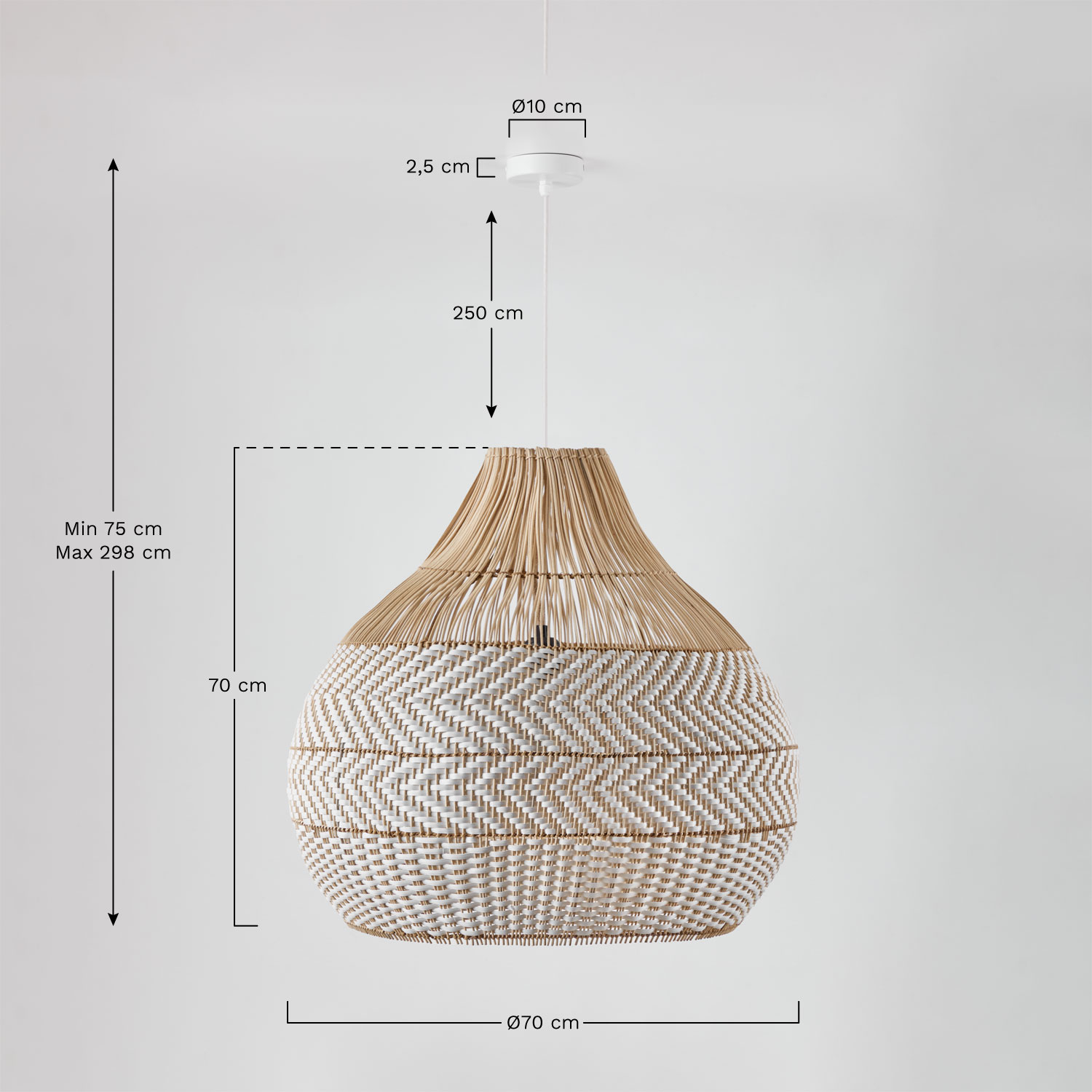 Hanging ceiling lamp in braided rattan Llaury, MEASURES