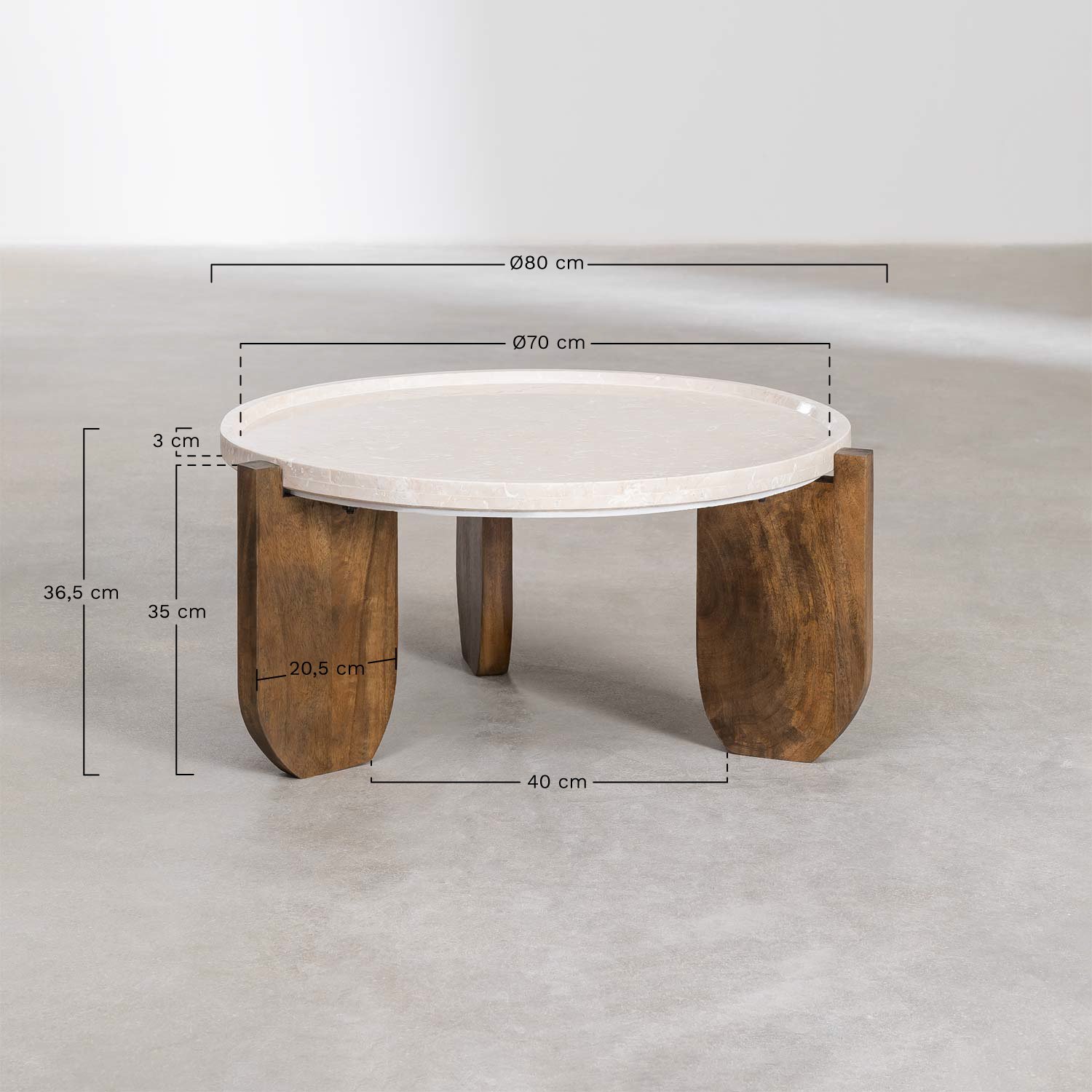 Round coffee table Ø80 cm in marble and mango wood Xantten, MEASURES
