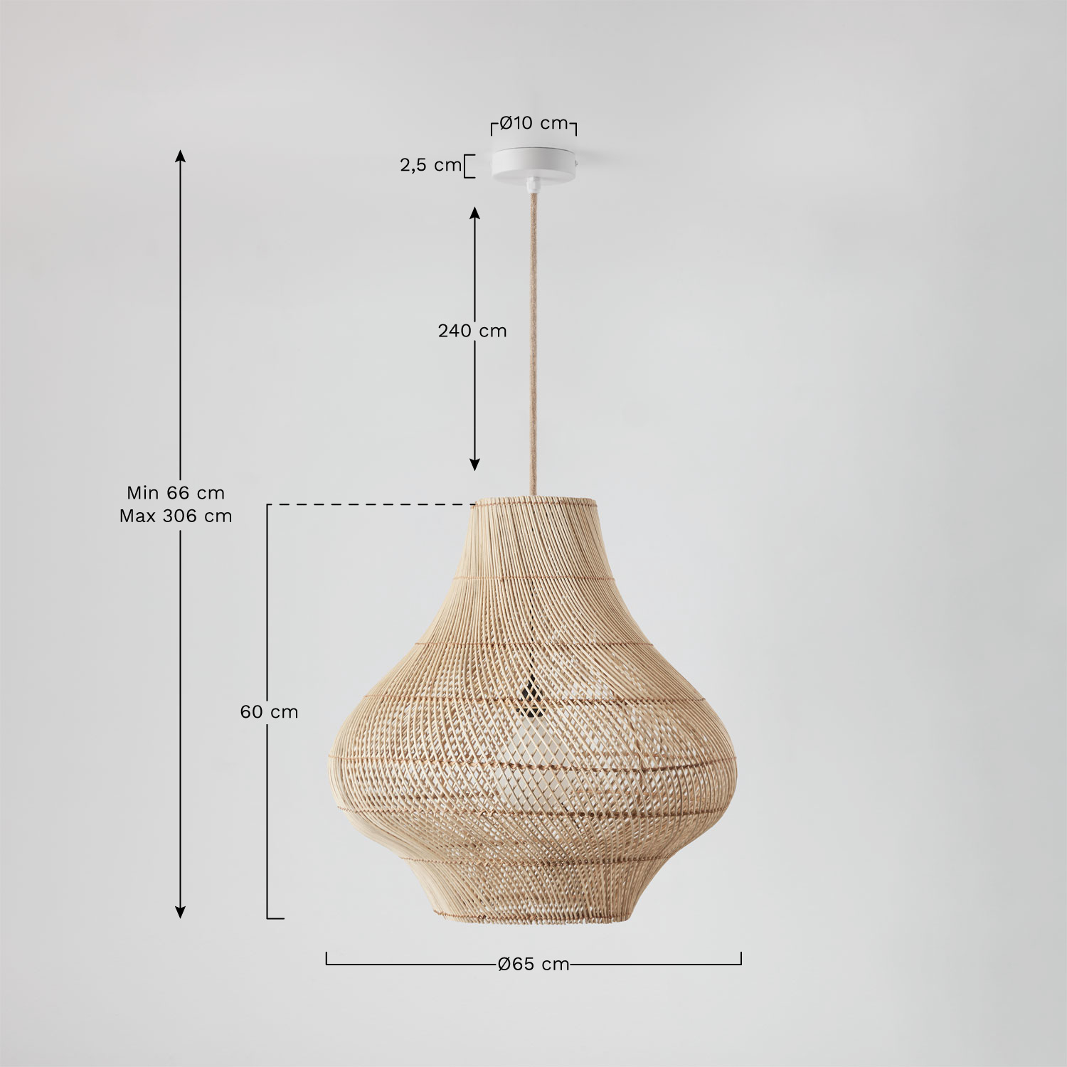 Magali rattan hanging ceiling lamp for outdoor use, MEASURES