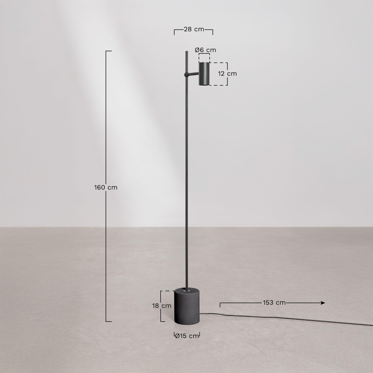 Nevis directional LED floor lamp in aluminum and concrete, MEASURES