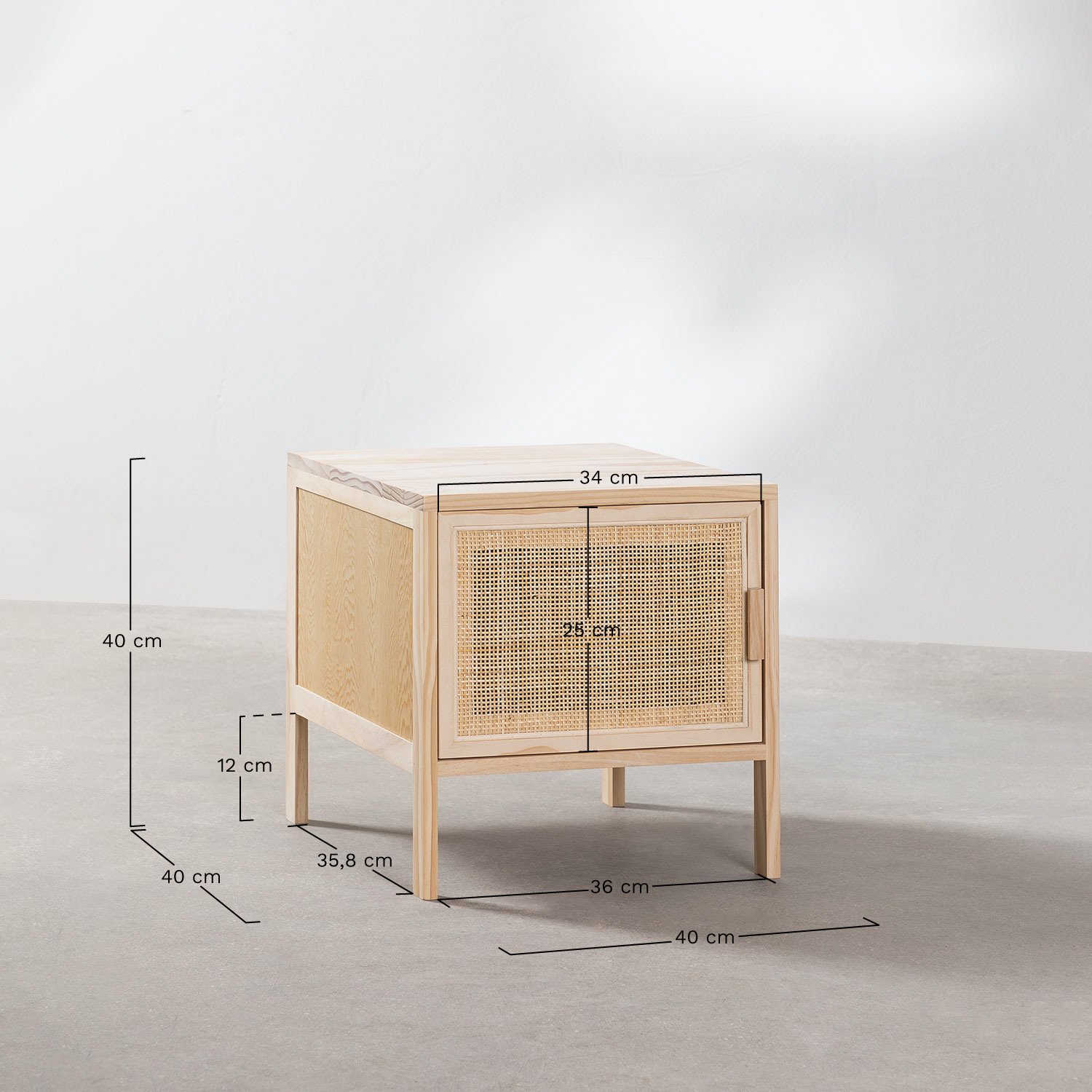 Pack of 2 square 40x40 cm nightstands in rattan and wood Reyna, MEASURES