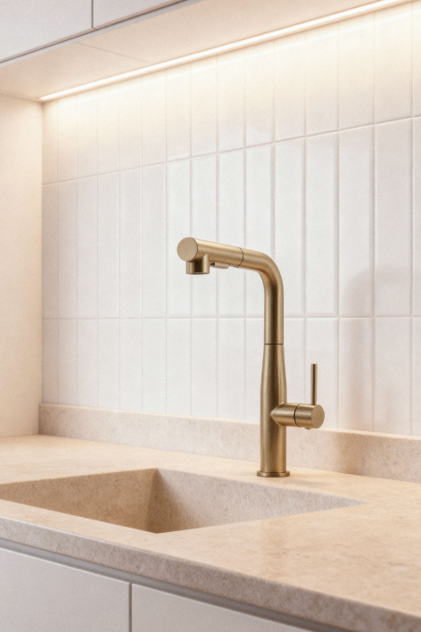 Olyt kitchen faucet with high pull-out spout in stainless steel