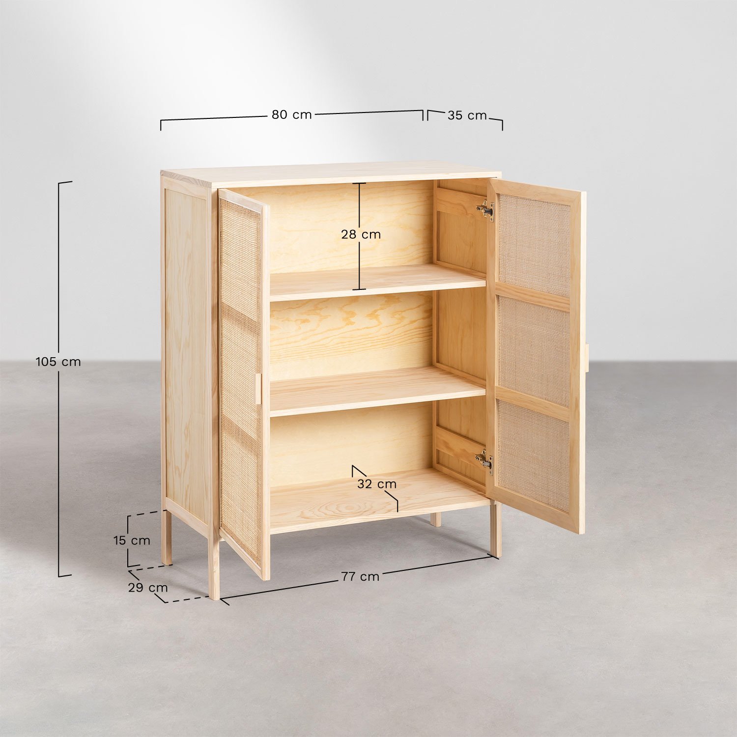 Reyna sideboard 80x35 cm in rattan and wood, MEASURES