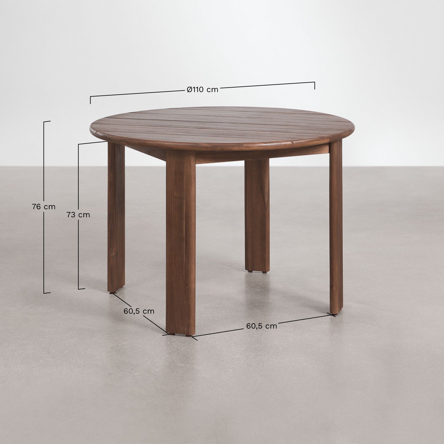 Round dining table Ø110 cm in Uleno acacia wood, MEASURES