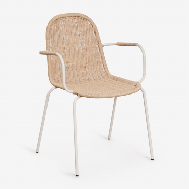 Stackable Dining Chair With Armrests In Synthetic Rattan Reiven Tapioca Beige - Sklum