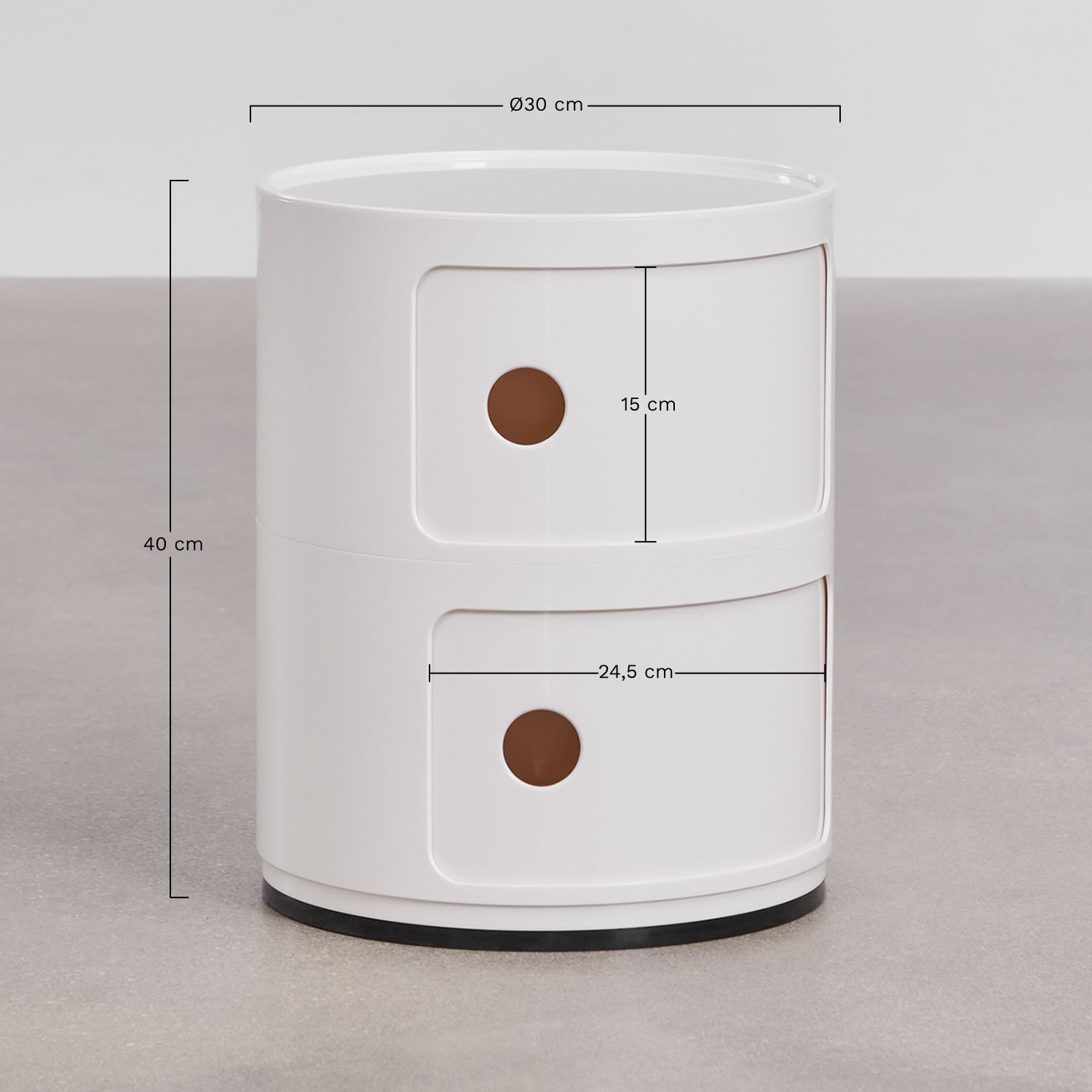 Babel round side table with shelves, MEASURES