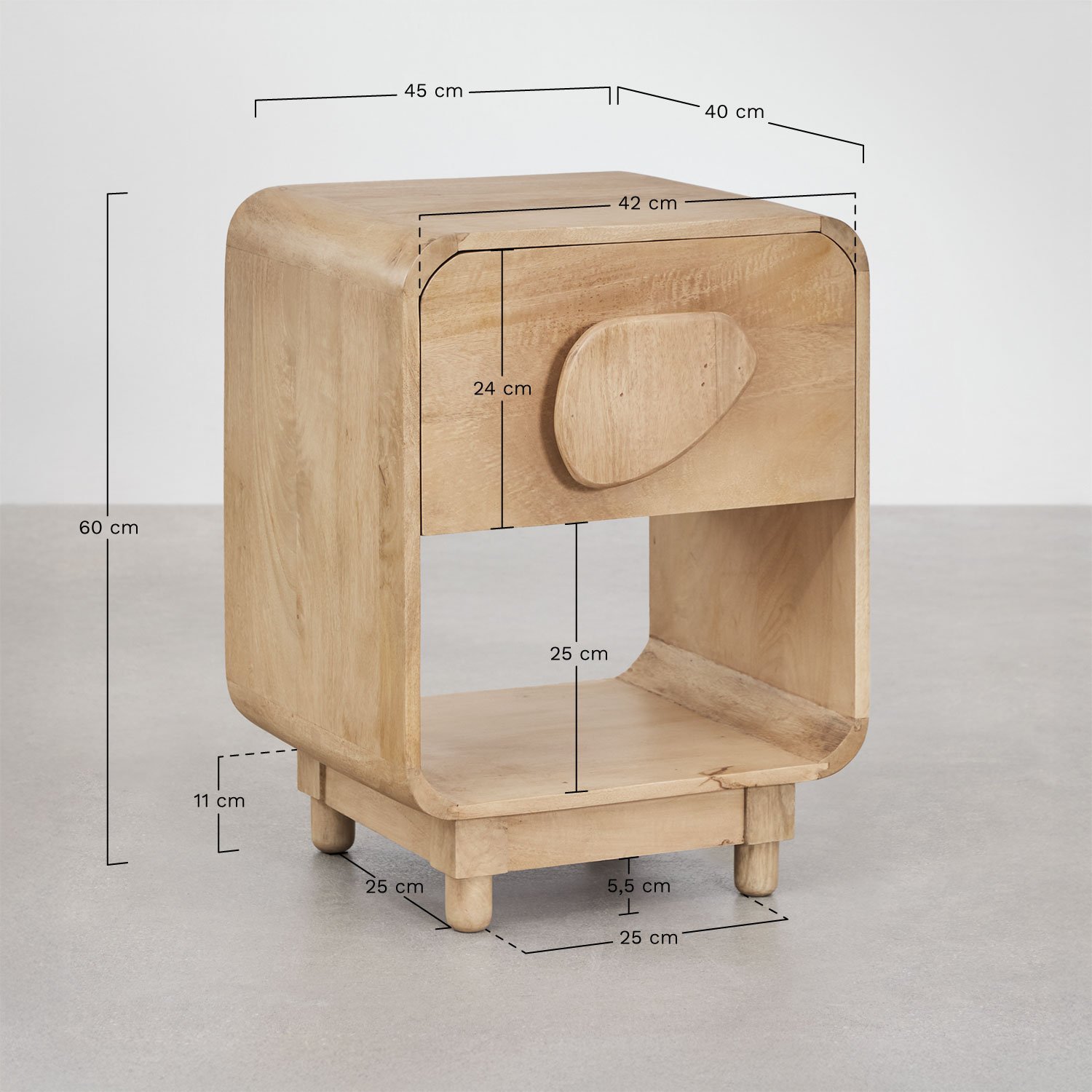 Rectangular bedside table 45x40 cm in mango and acacia wood Joel, MEASURES