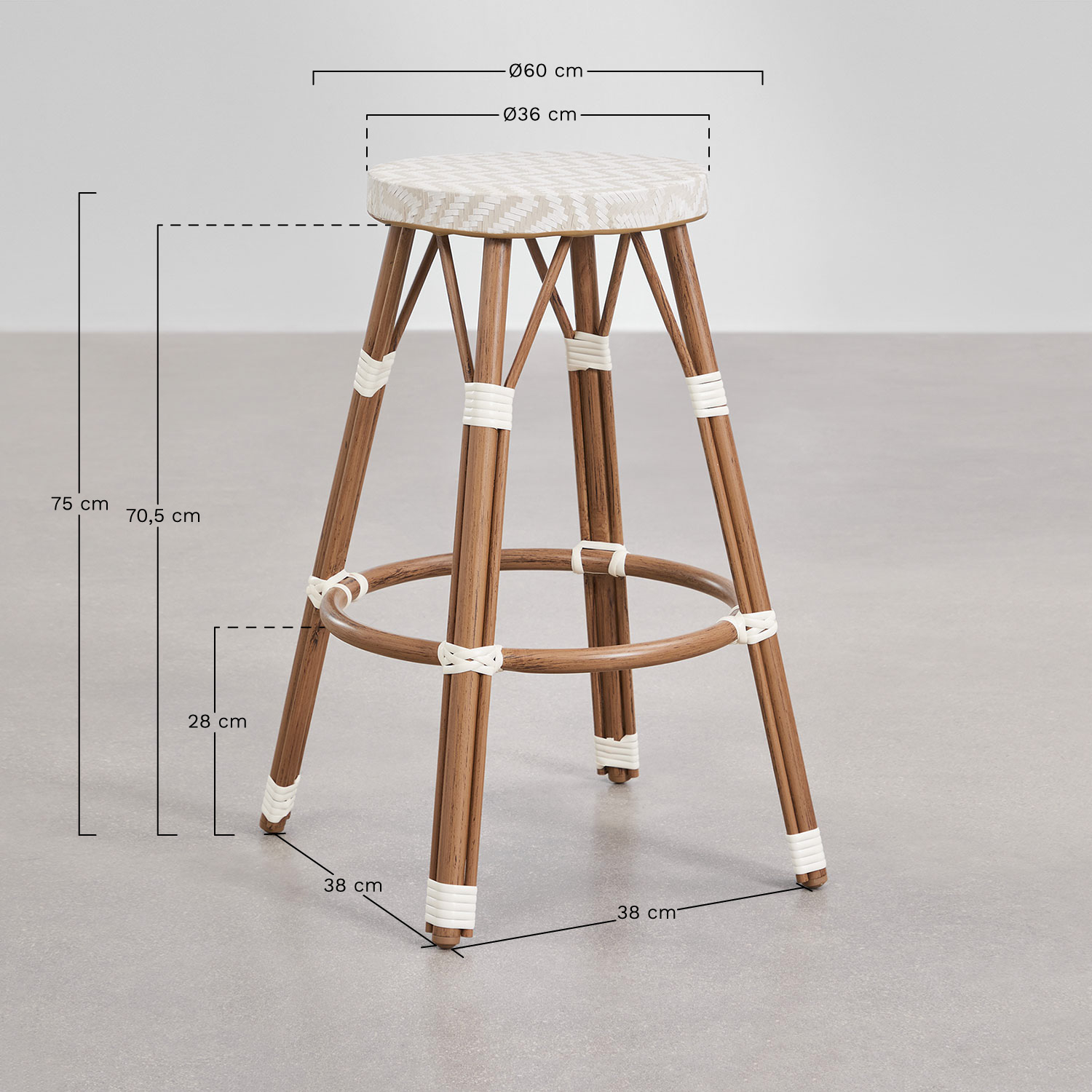 Brielle Bistro high garden stool in aluminum and synthetic rattan, MEASURES