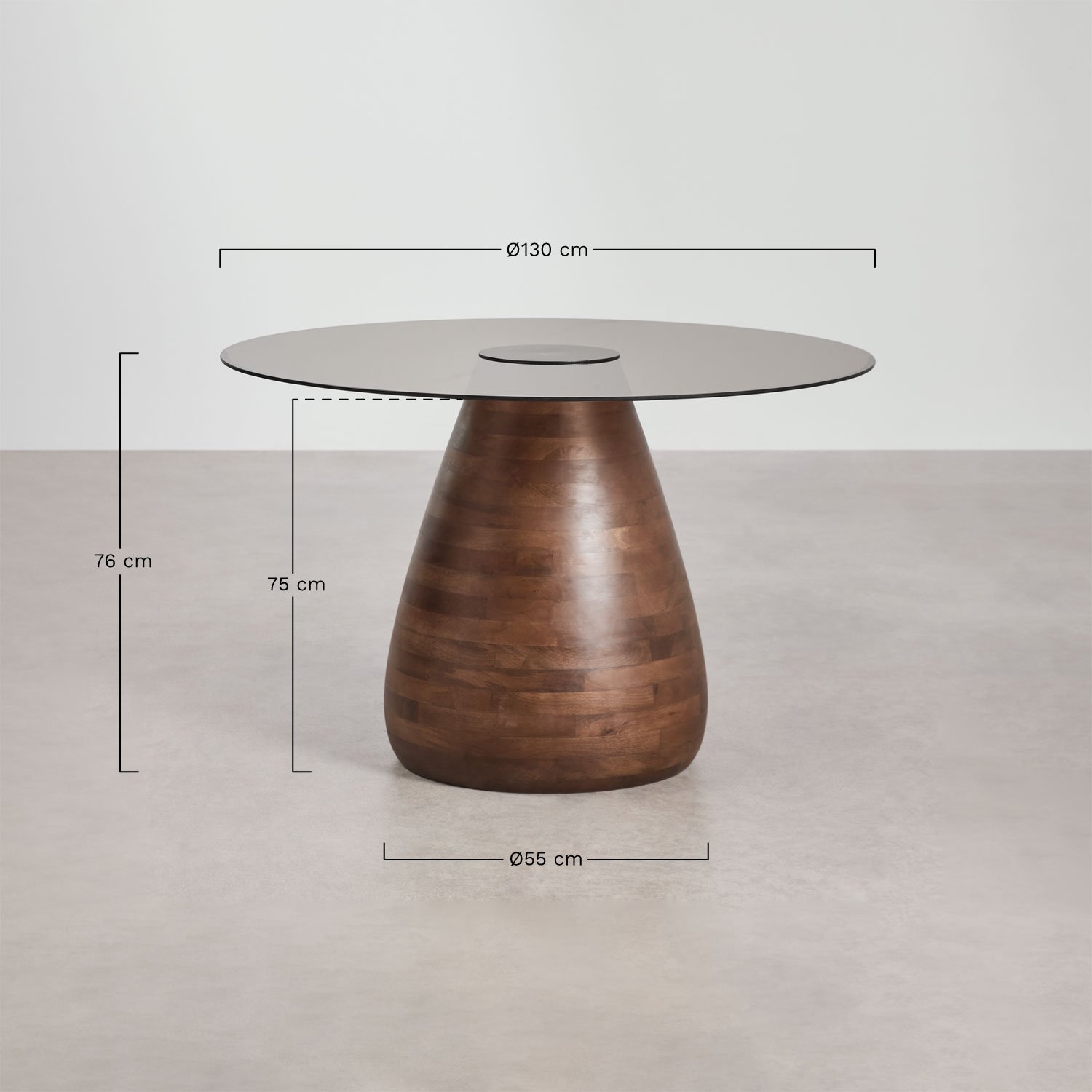 Mariana round dining table Ø130 cm in tempered glass, MEASURES