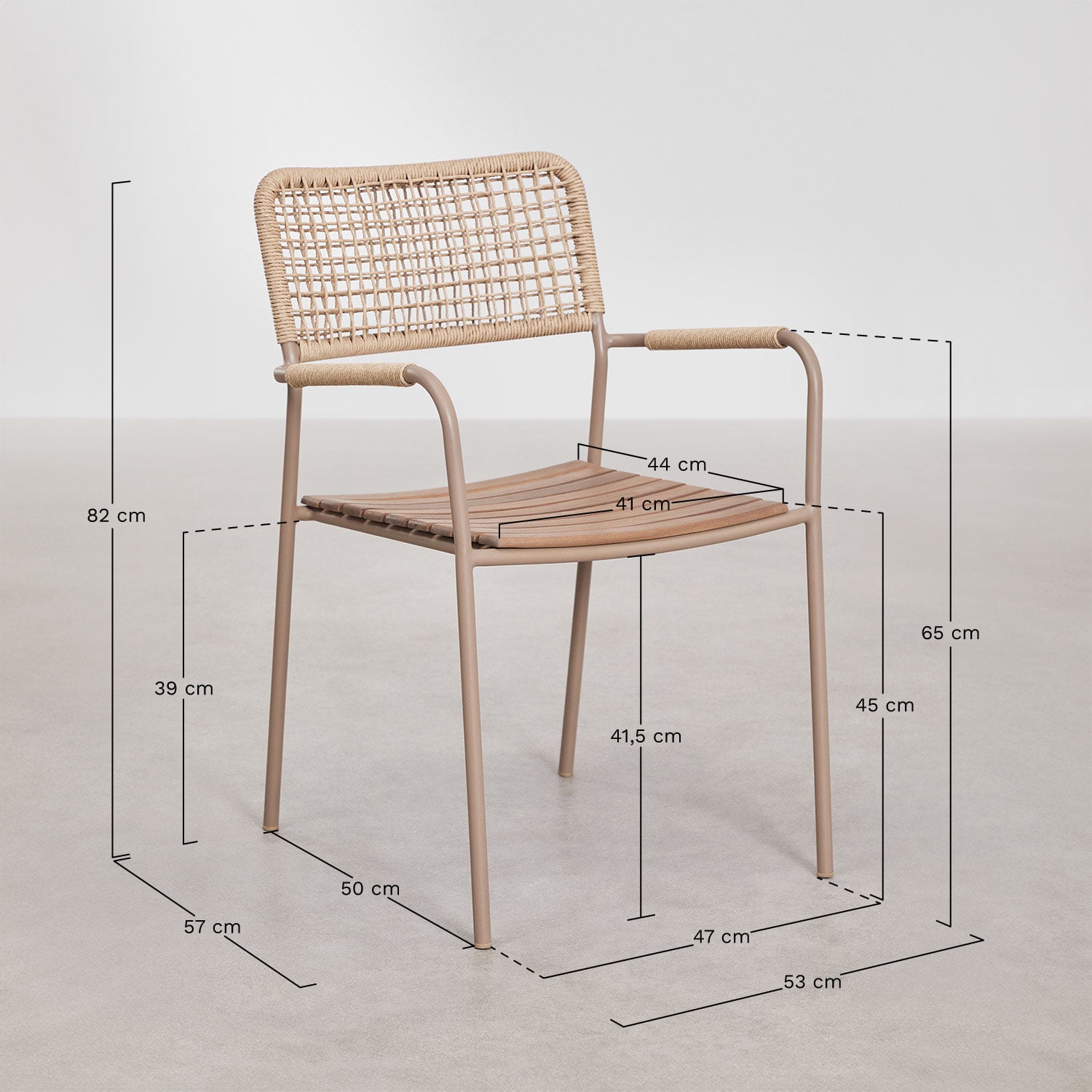 Stackable garden chair with steel armrests and acacia wood Tilda, MEASURES