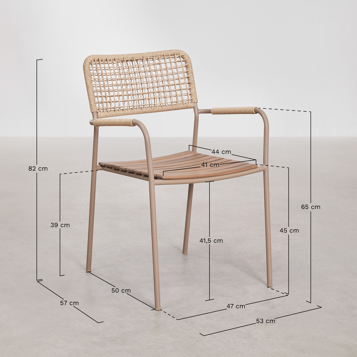 Pack of 4 stackable garden chairs with armrests in steel and acacia wood Tilda, MEASURES