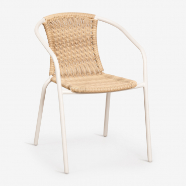 Pack Of 2 Stackable Dining Chairs With Steel Armrests And Synthetic Wicker Kalymana White Gardenia - Natural - Sklum