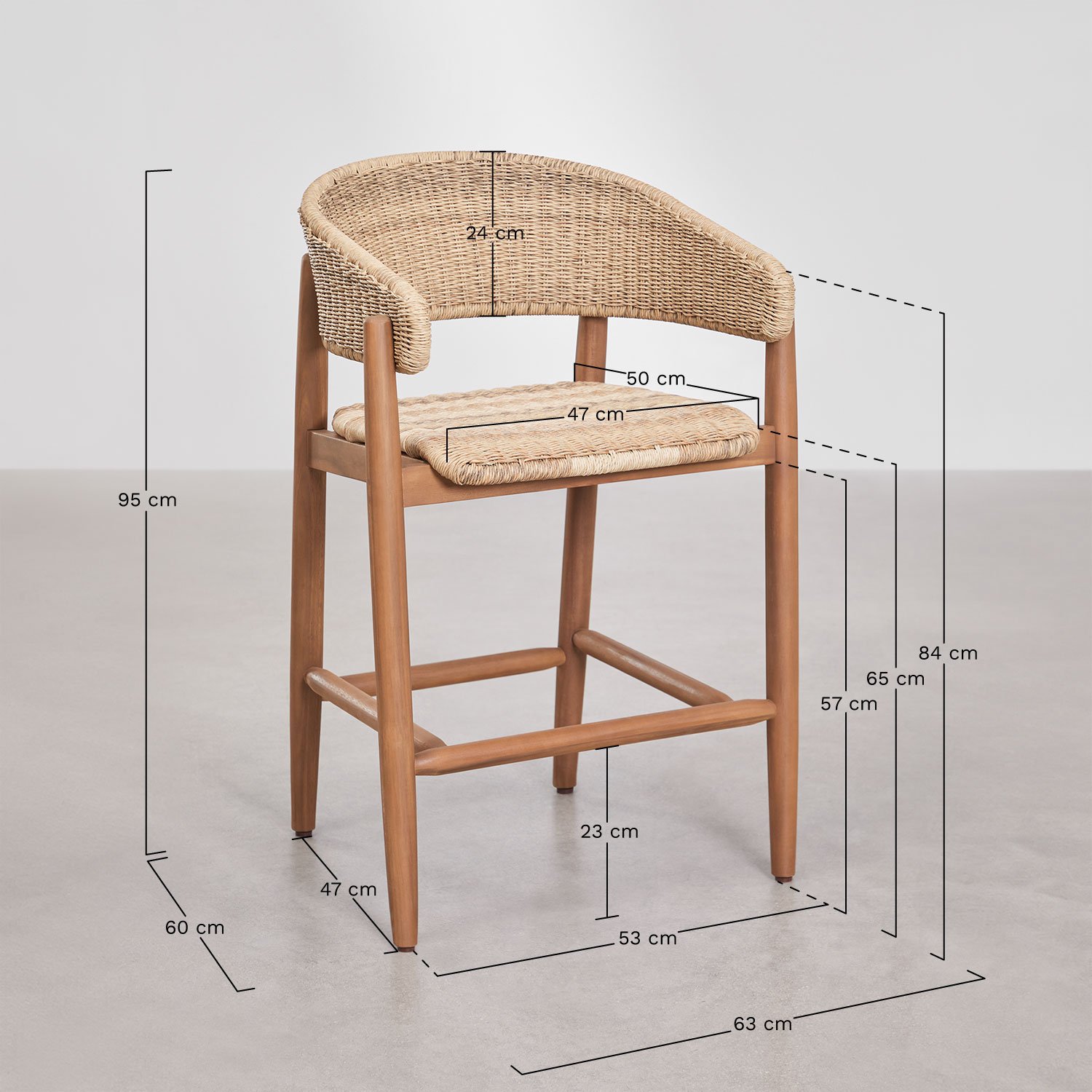 Pack of 4 high garden stools in acacia wood and synthetic rattan Ribeira, MEASURES