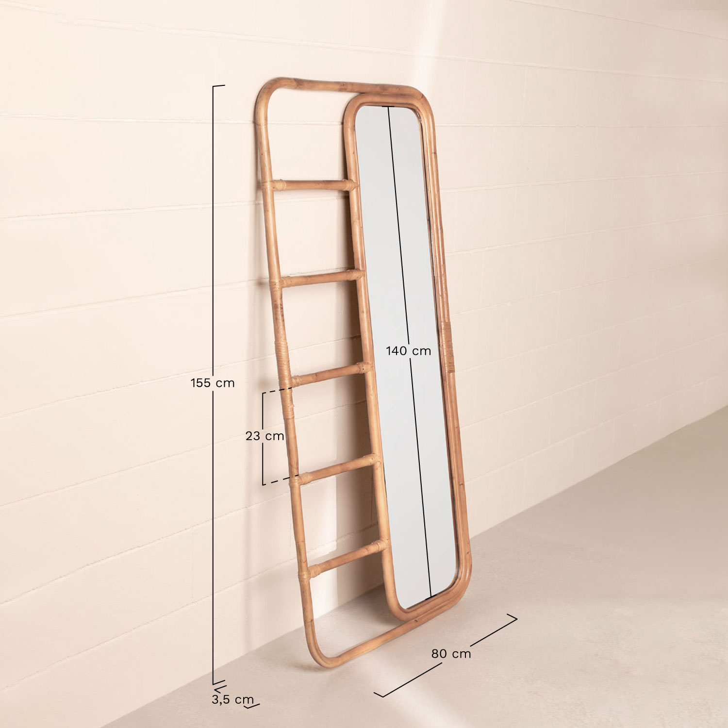 Rectangular standing mirror 155x80 cm in bamboo with hanger Marcus, MEASURES