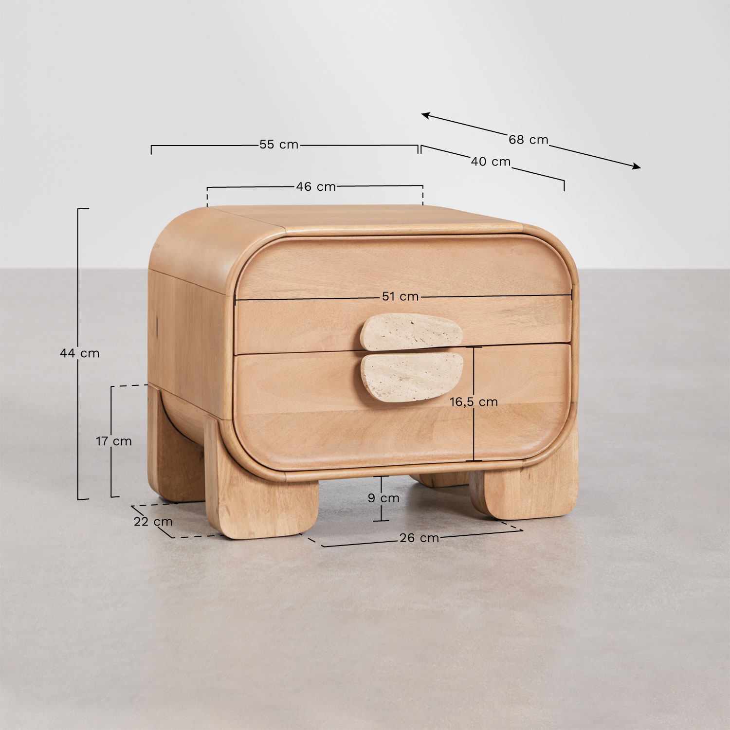 Kivalina 50x35 cm nightstand in mango wood and natural stone, MEASURES