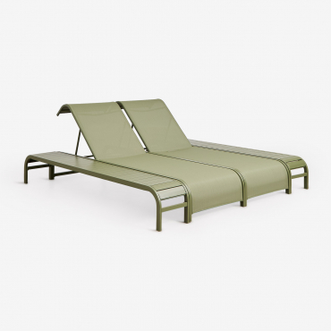 Set Of 2 Reclining Sun Loungers And 2 Side Tables In Marietta Steel Deep Olive Green - Sklum