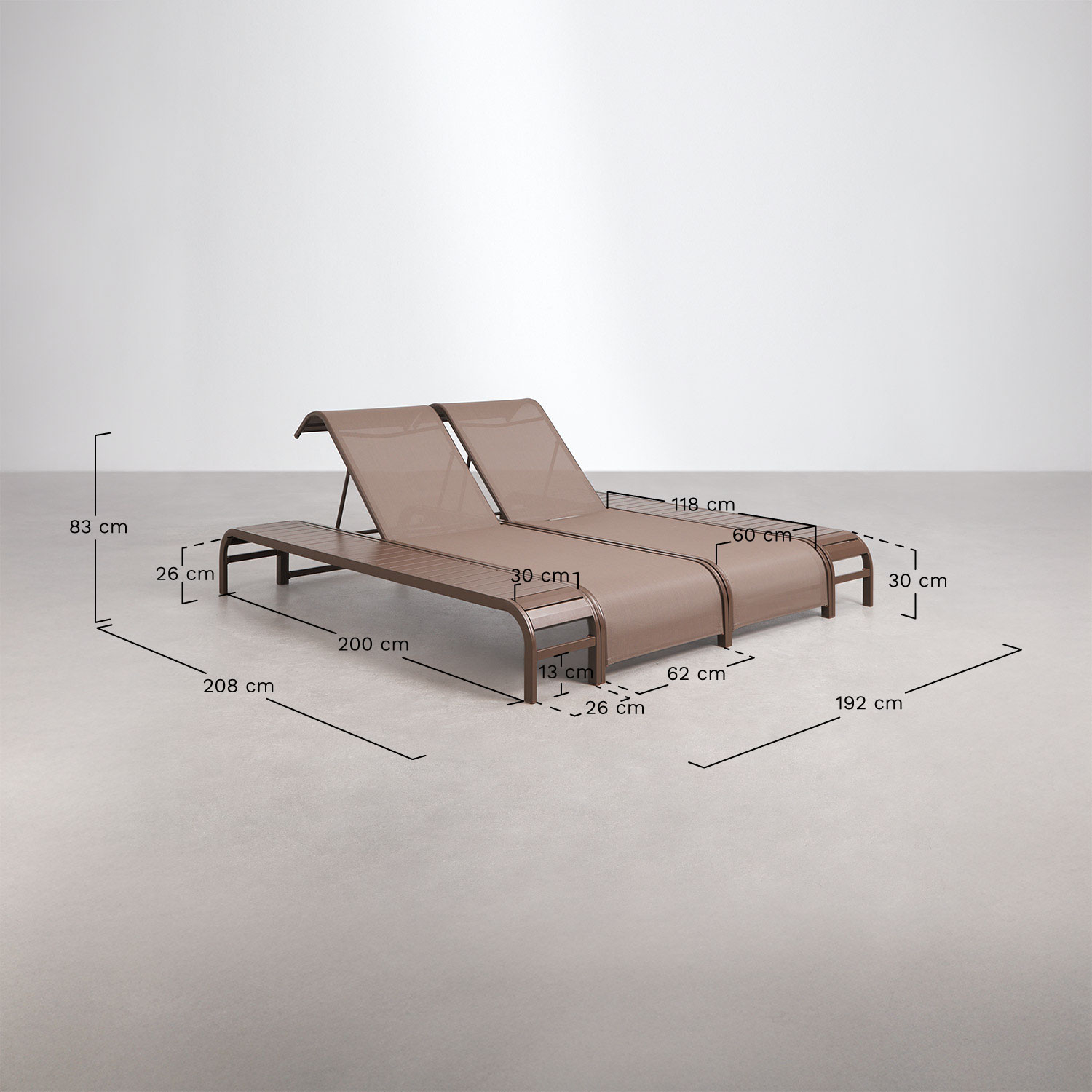 Set of 2 reclining loungers and 2 Marietta steel side tables, MEASURES