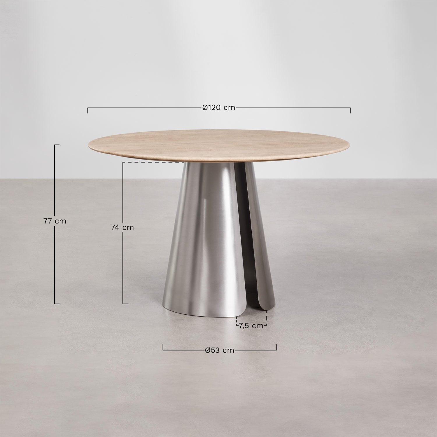 Round dining table Ø120 cm in stainless steel Baelor, MEASURES
