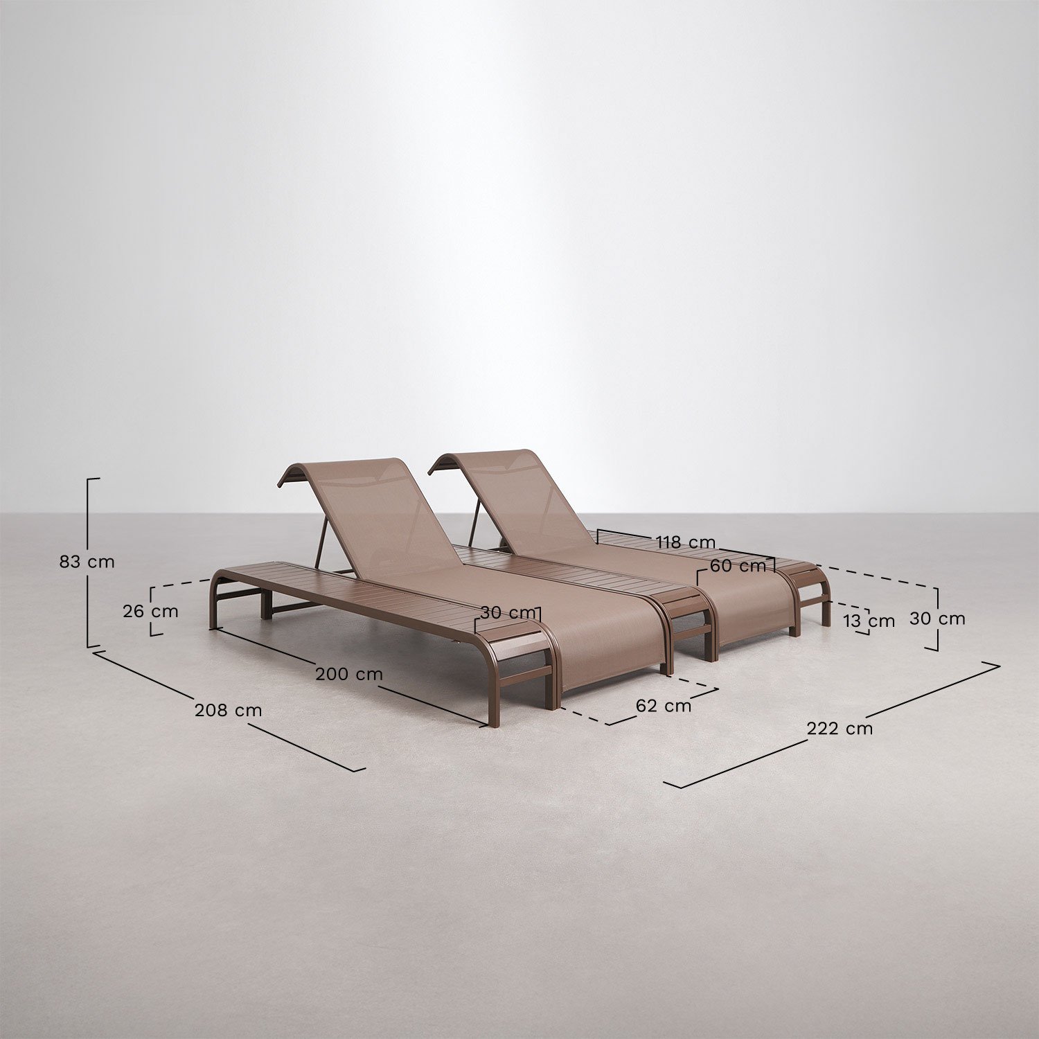 Set of 2 reclining loungers and 3 Marietta steel side tables, MEASURES