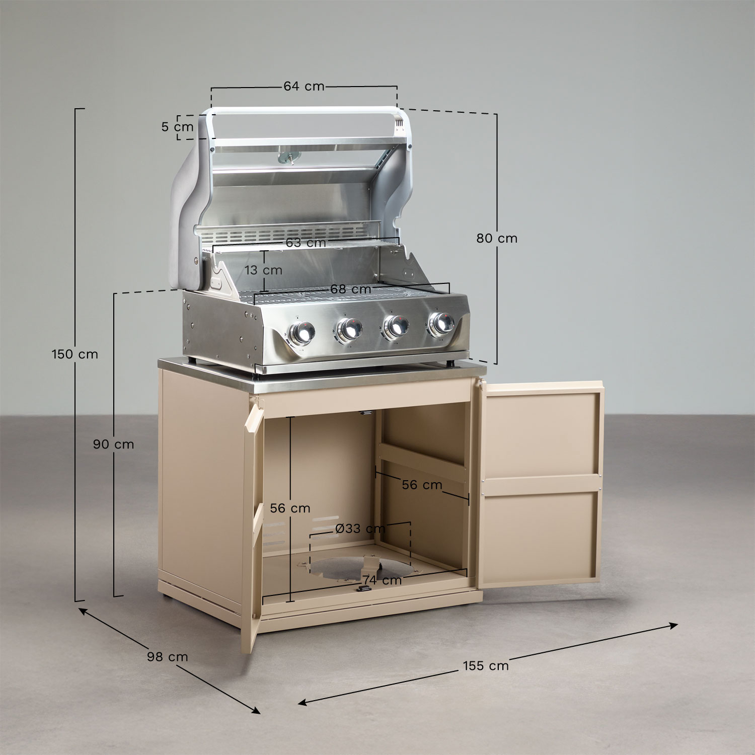 Module with gas barbecue with 4 burners for modular outdoor kitchen in Rivana steel, MEASURES