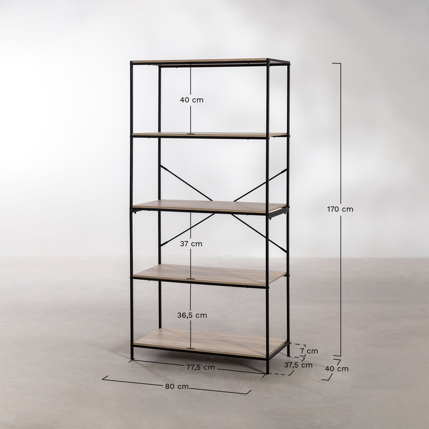 Baxter 80x170 cm shelf in iron and wood, MEASURES
