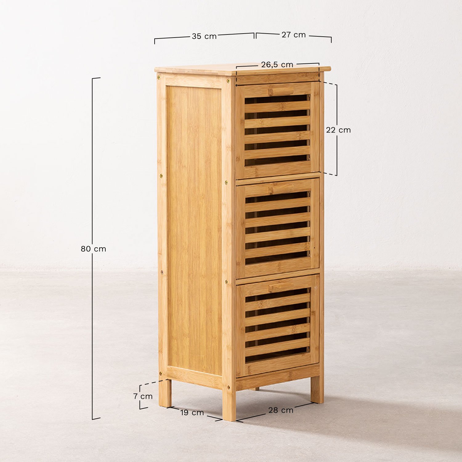 Bernadette 35x80 cm bamboo shelving unit with doors, MEASURES
