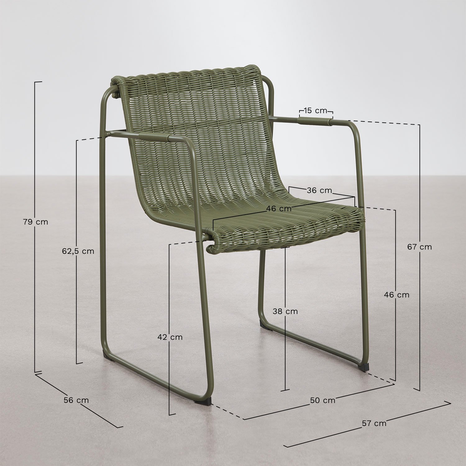 Stackable dining chair with armrests in synthetic wicker and steel Revia, MEASURES
