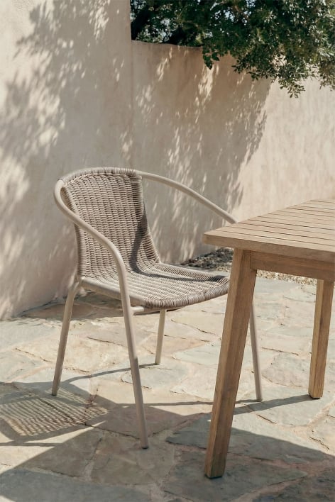 Stackable garden chair with armrests in steel and synthetic wicker Kalymana - Moka Brown
