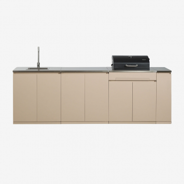 Modular 4-piece Outdoor Kitchen With Sink, Storage, And Rivana Steel Charcoal Barbecue Tapioca Beige & Brushed Grey Rintran - Sklum