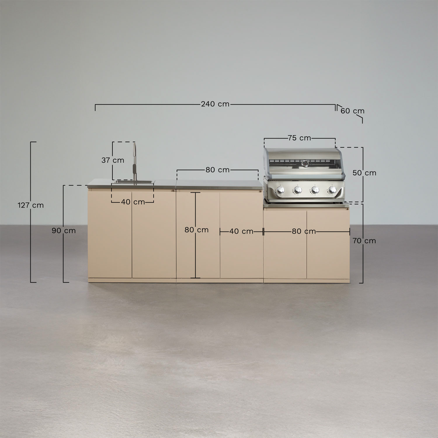 Modular 3-piece outdoor kitchen with sink and 4-burner Rivana steel gas barbecue, MEASURES