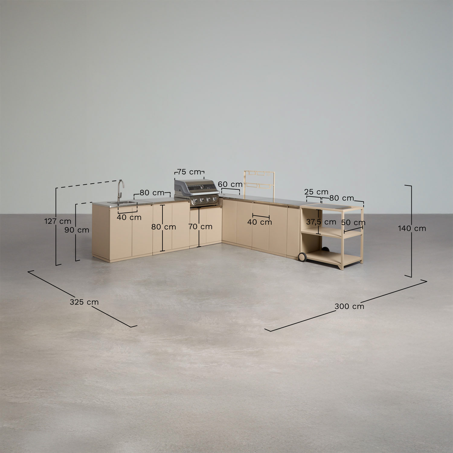 8-piece outdoor corner modular kitchen with sink and 4-burner Rivana steel gas barbecue, MEASURES