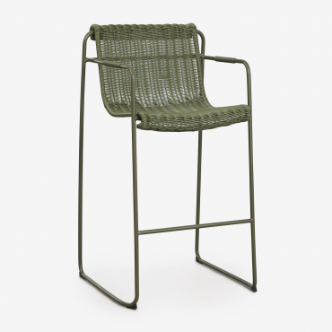 Stackable High Garden Stool With Armrests In Synthetic Rattan And Steel Revia Deep Olive Green & ↑75 Cm - Sklum
