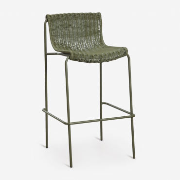 Set Of 4 High Stools In Synthetic Rattan And Steel Revia Deep Olive Green & ↑75 Cm - Sklum