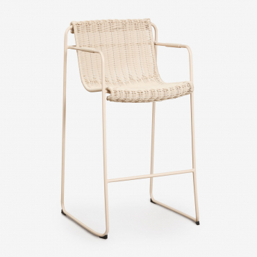 Stackable High Stool With Armrests In Synthetic Rattan And Steel Revia Tapioca Beige & ↑75 Cm - Sklum